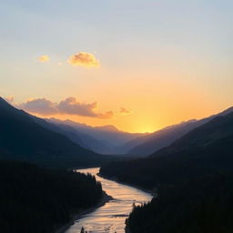 A beautiful landscape with mountains in the background, a river flowing through the middle, and a forest on either side