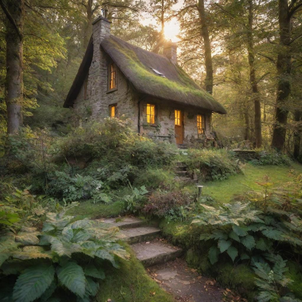 A quaint, secluded cottage deep within a lush, enchanting forest teeming with wildlife and bathed in the light of a golden sunrise