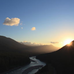 A beautiful landscape with mountains in the background, a river flowing through the middle, and a forest on either side