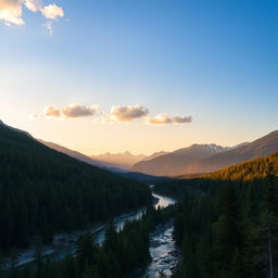 A beautiful landscape with mountains in the background, a river flowing through the middle, and a forest on either side