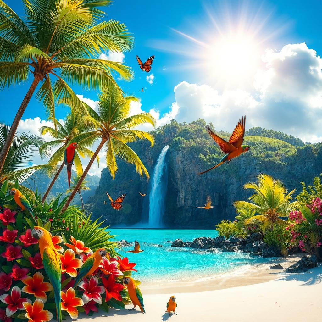 A vibrant and colorful tropical paradise with lush greenery, exotic flowers, and a crystal-clear ocean under a brilliant blue sky