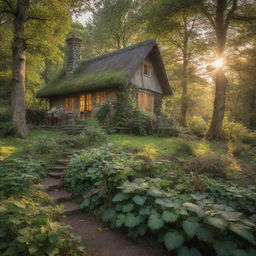 A quaint, secluded cottage deep within a lush, enchanting forest teeming with wildlife and bathed in the light of a golden sunrise