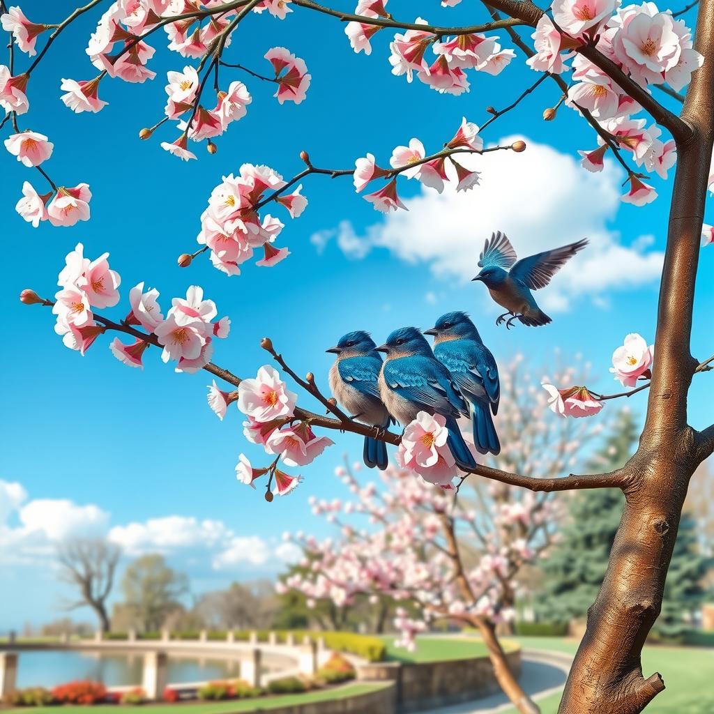 A serene scene with blue birds perched on a blossoming cherry tree, set against a clear blue sky in a peaceful garden.