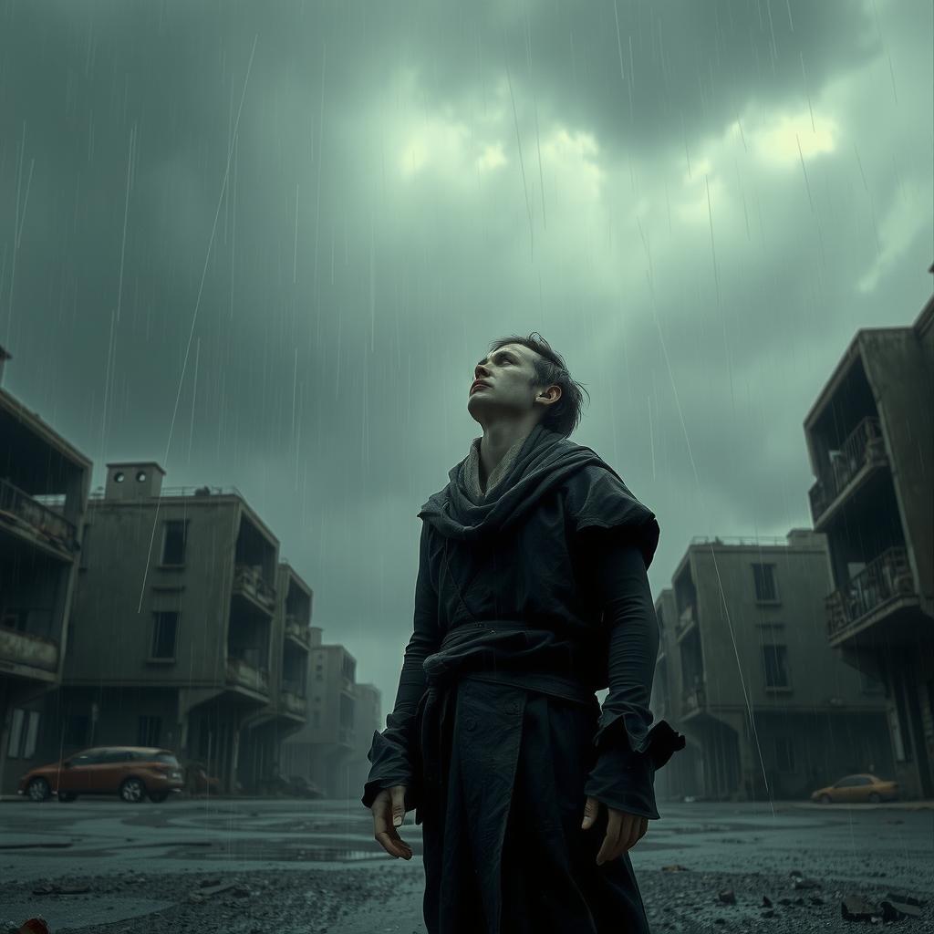 A melancholic scene with a solitary figure in a desolate city, looking up at the sky in despair, asking 'Why must they?'