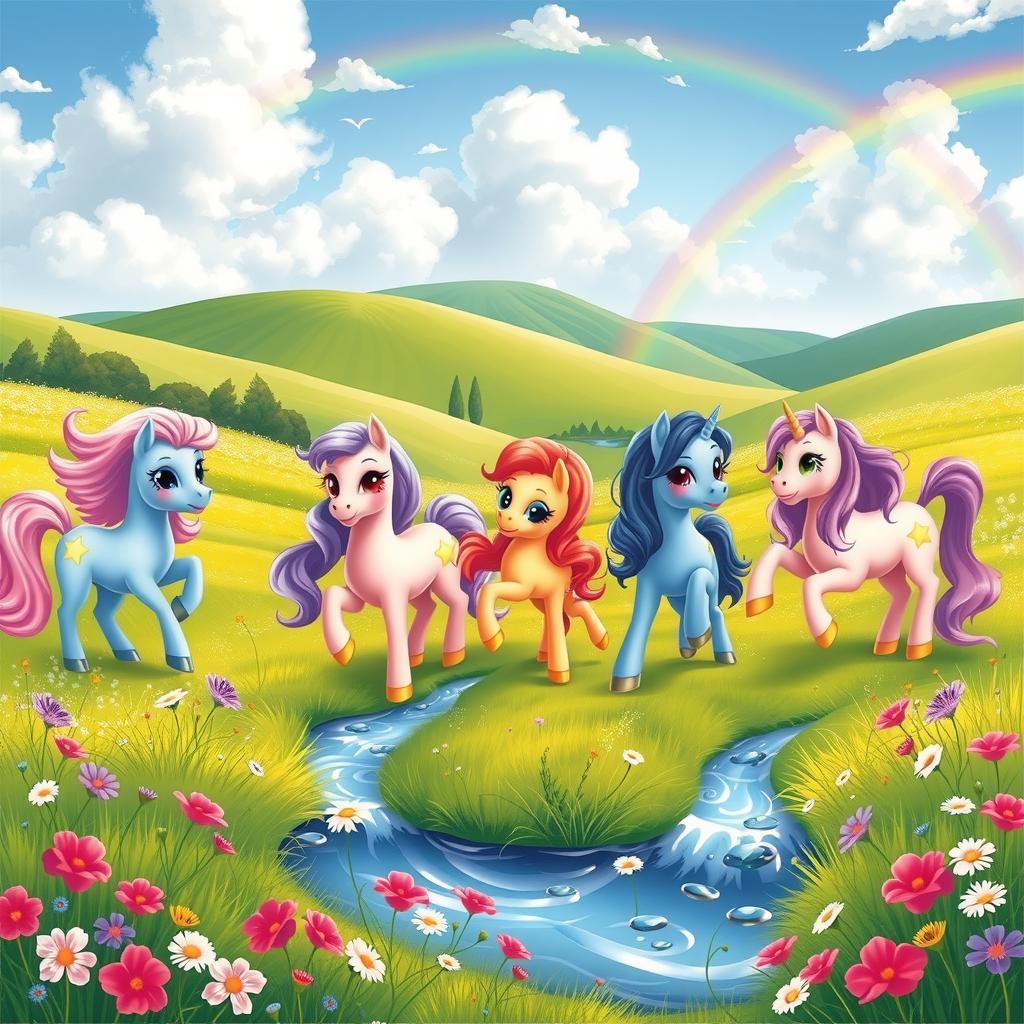 A whimsical scene with colorful ponies frolicking in a lush meadow, surrounded by wildflowers, rolling hills, a stream, and a rainbow in a fairytale-like setting