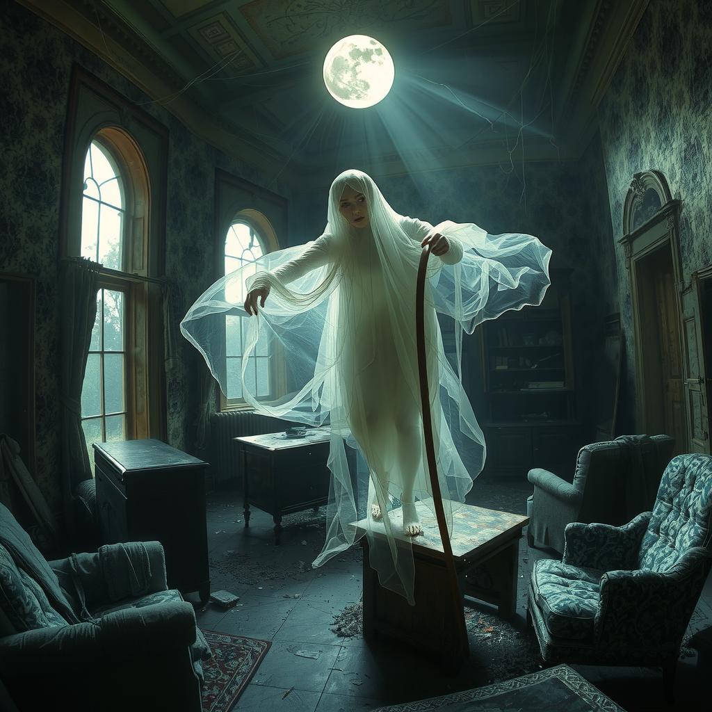 A translucent ghost with glowing eyes floats through an abandoned mansion filled with cobwebs and broken furniture, illuminated by moonlight