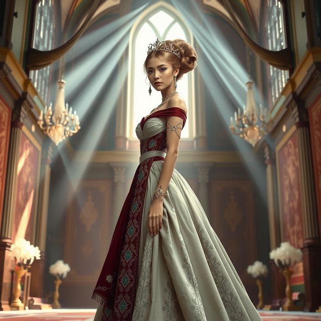 Create an image of Lady Julia, a regal noblewoman in an elegant gown, standing in a grand hall with luxurious decor.