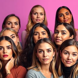 A group of women looking at the camera in various poses with a gradient background transitioning from purple to pink