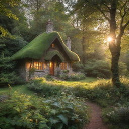 A quaint, secluded cottage deep within a lush, enchanting forest teeming with wildlife and bathed in the light of a golden sunrise