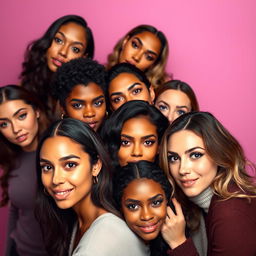 A group of women looking at the camera in various poses with a gradient background transitioning from purple to pink