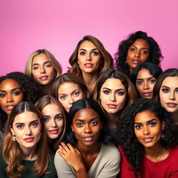 A group of women looking at the camera in various poses with a gradient background transitioning from purple to pink