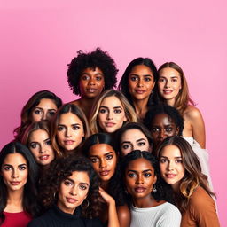 A group of women looking at the camera in various poses with a gradient background transitioning from purple to pink