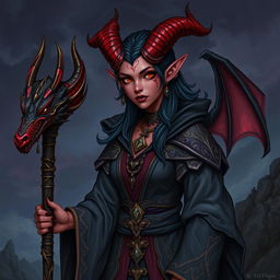 A detailed illustration of a female tiefling sorcerer with a black dragon ancestor