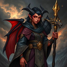 A detailed illustration of a female tiefling sorcerer with a black dragon ancestor