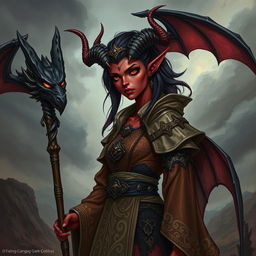 A detailed illustration of a female tiefling sorcerer with a black dragon ancestor