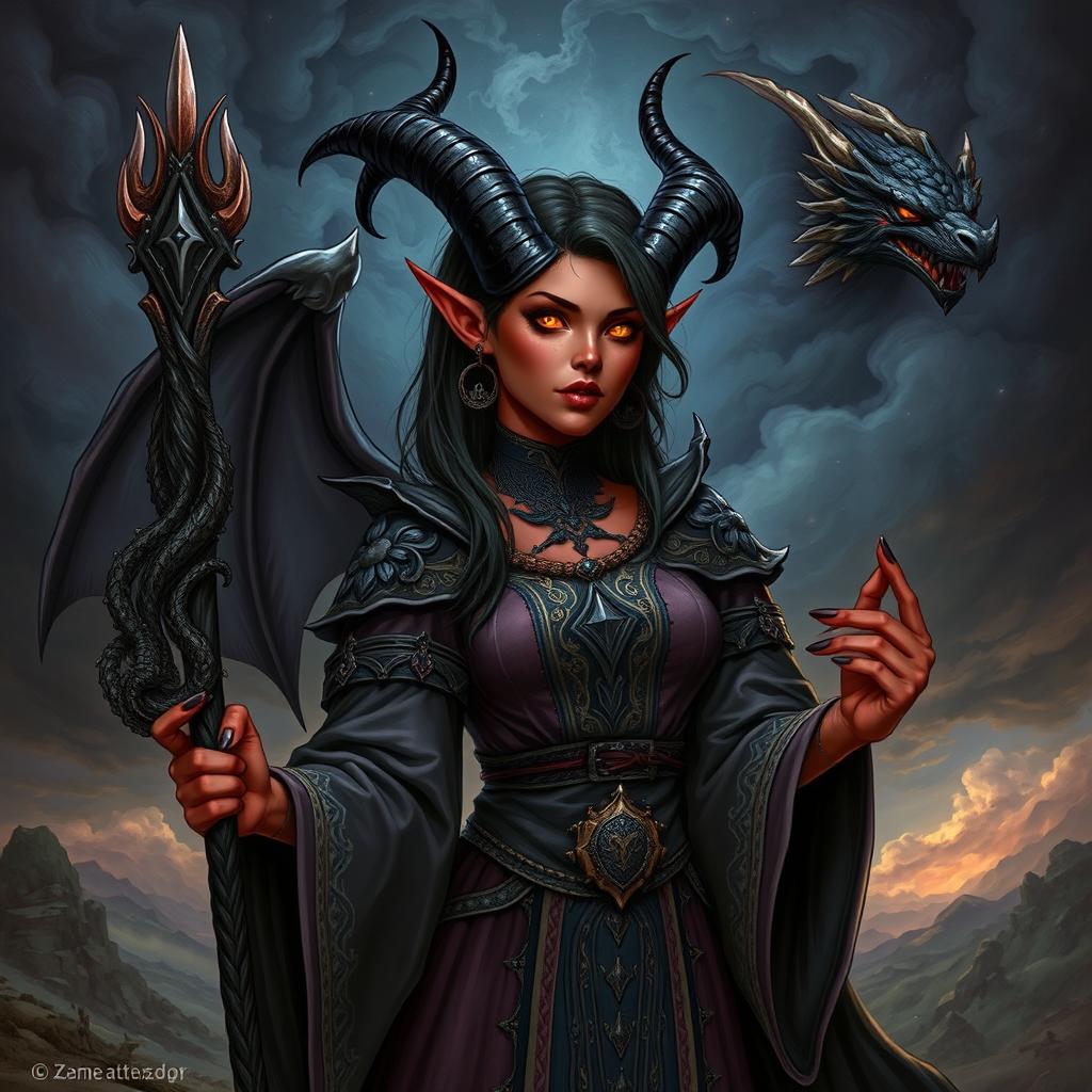 A detailed illustration of a female tiefling sorcerer with a black dragon ancestor