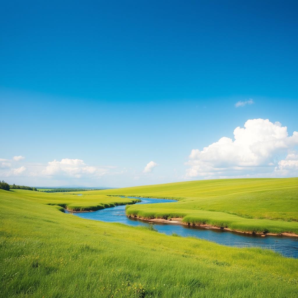 A serene landscape featuring a lush green meadow, a gently flowing river, and a clear blue sky with a few fluffy clouds