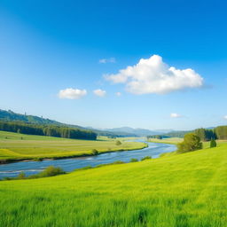 A serene landscape featuring a lush green meadow, a gently flowing river, and a clear blue sky with a few fluffy clouds
