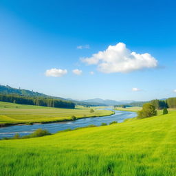 A serene landscape featuring a lush green meadow, a gently flowing river, and a clear blue sky with a few fluffy clouds