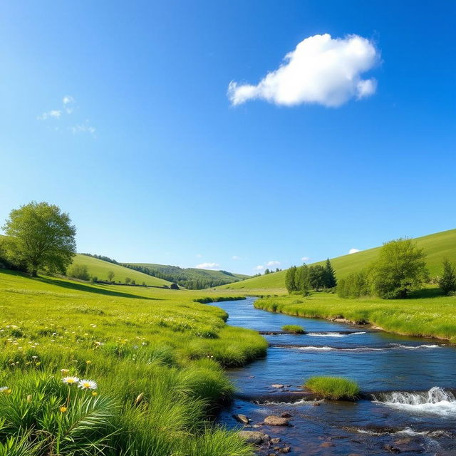 A serene landscape featuring a lush green meadow, a gently flowing river, and a clear blue sky with a few fluffy clouds