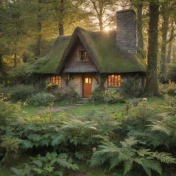 A quaint, secluded cottage deep within a lush, enchanting forest teeming with wildlife and bathed in the light of a golden sunrise