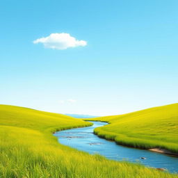 A serene landscape featuring a lush green meadow, a gently flowing river, and a clear blue sky with a few fluffy clouds