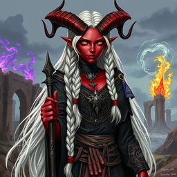 A detailed illustration of an adult female tiefling sorcerer with long white hair styled in braids