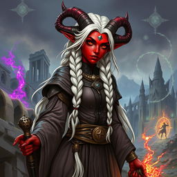 A detailed illustration of an adult female tiefling sorcerer with long white hair styled in braids