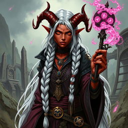 A detailed illustration of an adult female tiefling sorcerer with long white hair styled in braids