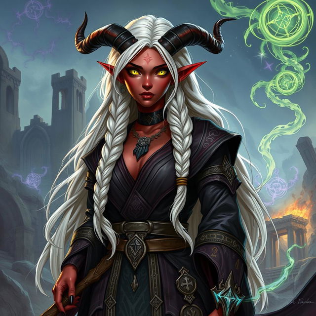 A detailed illustration of an adult female tiefling sorcerer with long white hair styled in braids