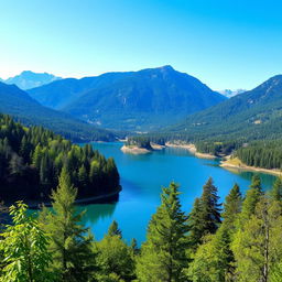 A beautiful landscape featuring a serene lake surrounded by lush green trees, with mountains in the background under a clear blue sky