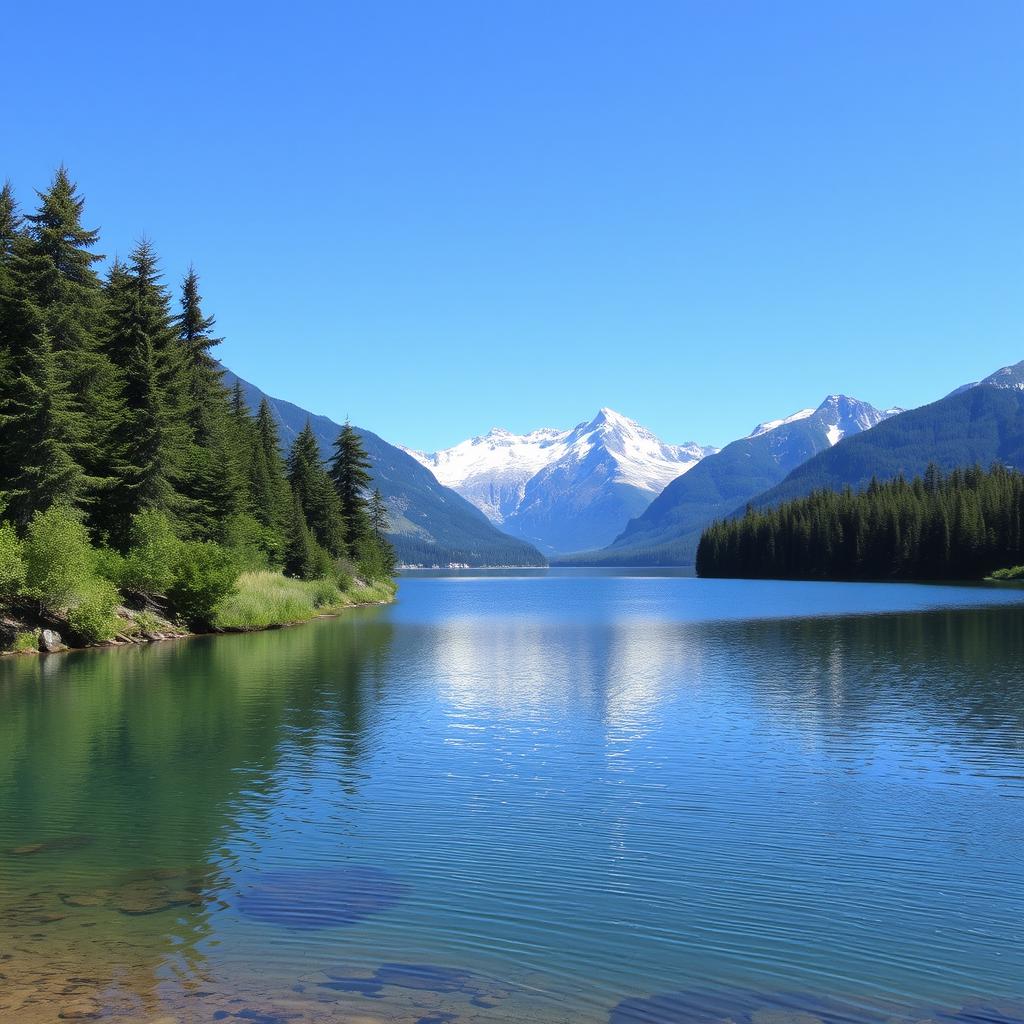 A beautiful landscape featuring a serene lake surrounded by lush green trees, with mountains in the background under a clear blue sky