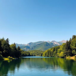 A beautiful landscape featuring a serene lake surrounded by lush green trees, with mountains in the background under a clear blue sky