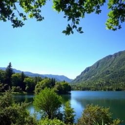 A beautiful landscape featuring a serene lake surrounded by lush green trees, with mountains in the background under a clear blue sky