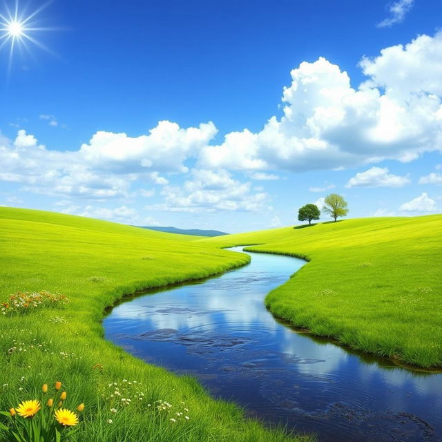 Generate a beautiful and serene landscape featuring a clear blue sky, lush green meadows, and a tranquil river flowing through the scene