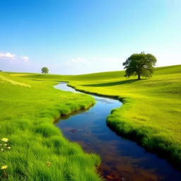 Generate a beautiful and serene landscape featuring a clear blue sky, lush green meadows, and a tranquil river flowing through the scene