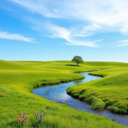 Generate a beautiful and serene landscape featuring a clear blue sky, lush green meadows, and a tranquil river flowing through the scene