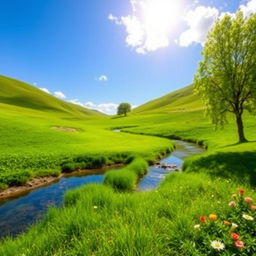 Generate a beautiful and serene landscape featuring a clear blue sky, lush green meadows, and a tranquil river flowing through the scene