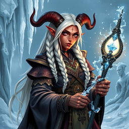 A detailed illustration of an adult female tiefling sorcerer specializing in ice magic