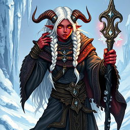 A detailed illustration of an adult female tiefling sorcerer specializing in ice magic