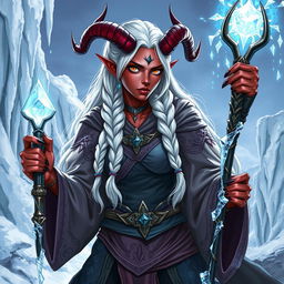 A detailed illustration of an adult female tiefling sorcerer specializing in ice magic