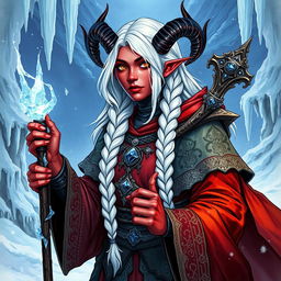 A detailed illustration of an adult female tiefling sorcerer specializing in ice magic