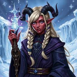 A detailed illustration of an adult female tiefling sorcerer specializing in ice magic