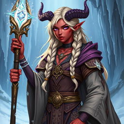 A detailed illustration of an adult female tiefling sorcerer specializing in ice magic