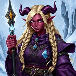 A detailed illustration of an adult female tiefling sorcerer specializing in ice magic