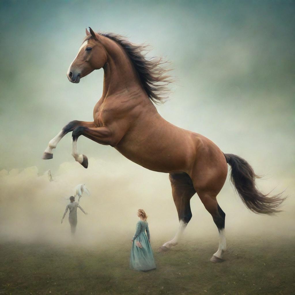 A surreal image where the central figure is a horse, set against a whimsical dream-like background that blurs the line between fantasy and reality