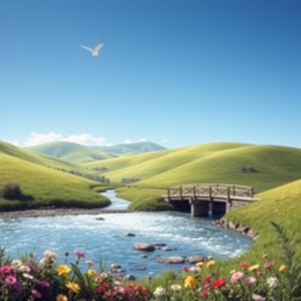 A serene landscape featuring a clear blue sky, rolling green hills, a sparkling river, and a quaint wooden bridge