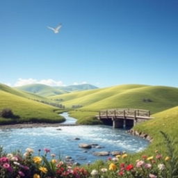 A serene landscape featuring a clear blue sky, rolling green hills, a sparkling river, and a quaint wooden bridge