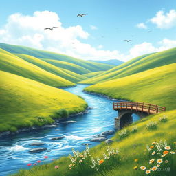 A serene landscape featuring a clear blue sky, rolling green hills, a sparkling river, and a quaint wooden bridge