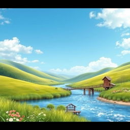 A serene landscape featuring a clear blue sky, rolling green hills, a sparkling river, and a quaint wooden bridge